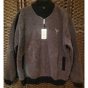 Men’s 2XL Wool Blend Zip-Up Jacket – Deer Embroidery, Ribbed Trim, Warm &...